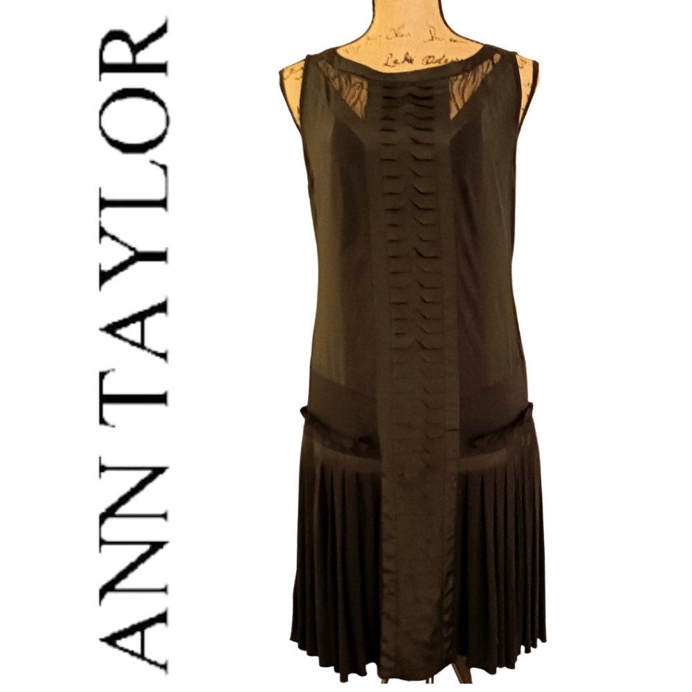 Ann Taylor Sleeveless Black Lace Ruffle Pleated Drop Waist Dress Size 8
